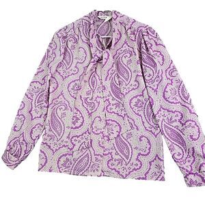 Vintage 60s 70s Amelia Paisley Button Shirt Tie Front Womens 10 Purple Retro Mod